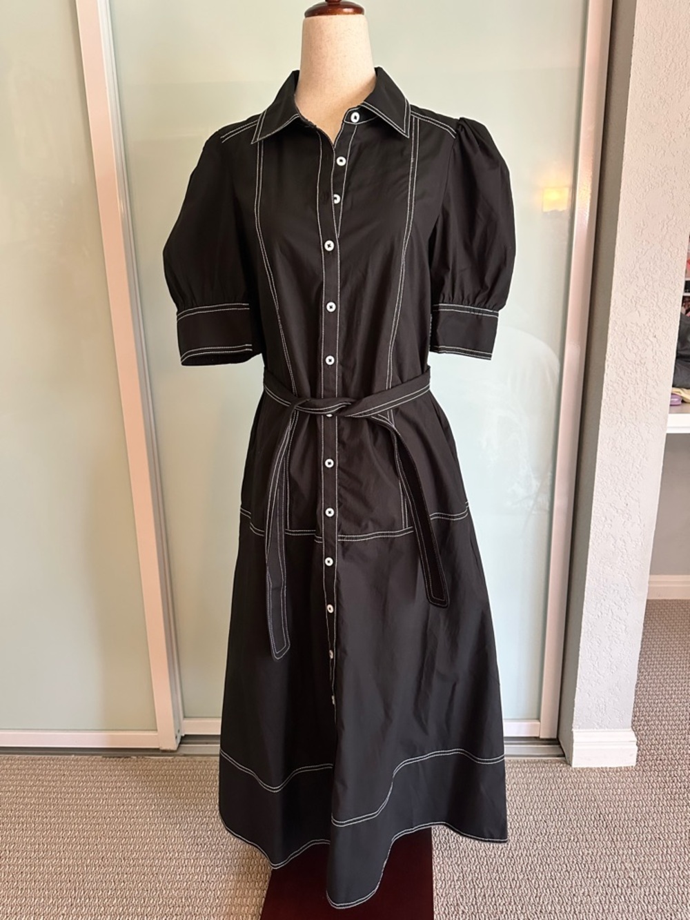 New w tags. Cotton, Black Button-Front Shirt Dress with White Contrast Stitching